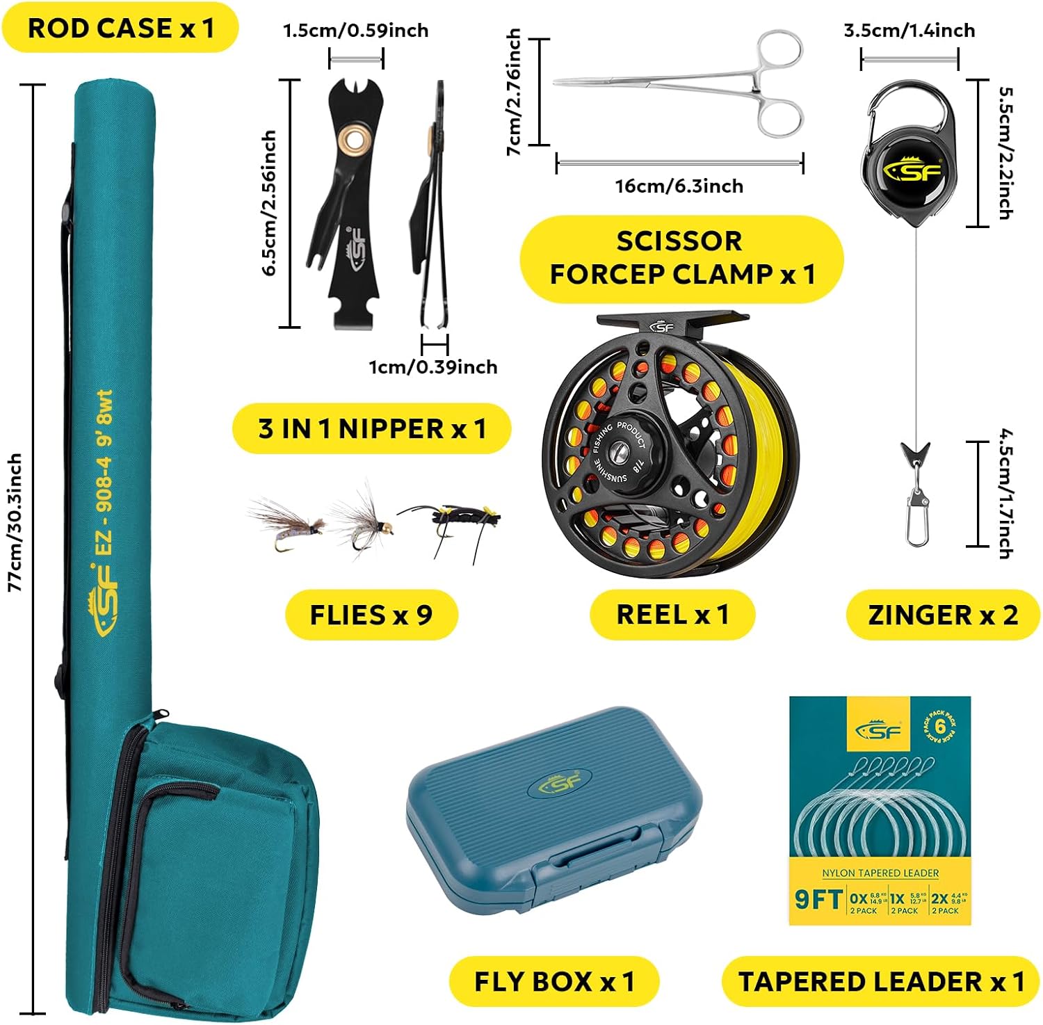 SF Fly Fishing Rod Combo Starter Kit Semi Gloss Green Jade Finish 24T Carbon Fiber Trout Travel Fly Rod with Reel,Fly Rod case,Fly Box , Flies,Tapered Leader,Knot Tying Tools