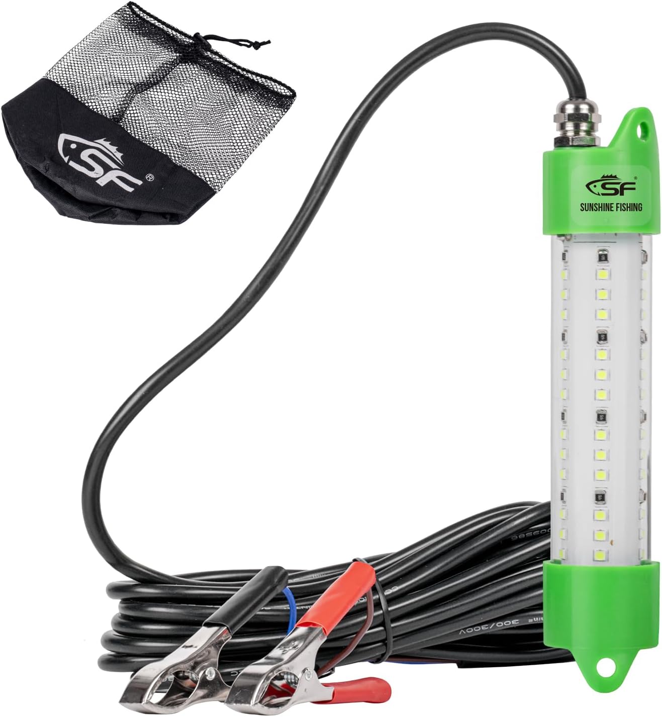 SF Underwater Fishing Light DC 12V Green LED Submersible Fish Bait for Crappie 200W/24000lm IP68 Waterproof Night Fish Attracting Light for Docks, Boats, Ice and Kayaks, Includes Battery Clips