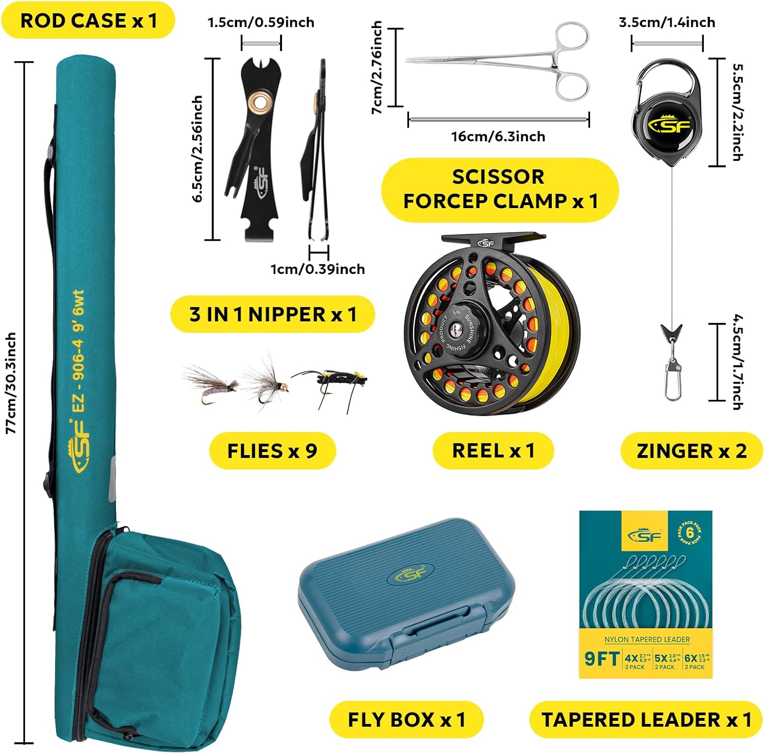 SF Fly Fishing Rod Combo Starter Kit Semi Gloss Green Jade Finish 24T Carbon Fiber Trout Travel Fly Rod with Reel,Fly Rod case,Fly Box , Flies,Tapered Leader,Knot Tying Tools