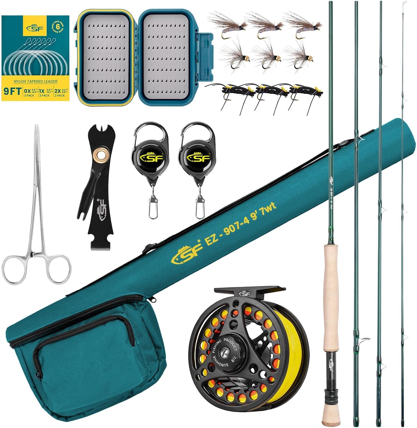 SF Fly Fishing Rod Combo Starter Kit Semi Gloss Green Jade Finish 24T Carbon Fiber Trout Travel Fly Rod with Reel,Fly Rod case,Fly Box , Flies,Tapered Leader,Knot Tying Tools