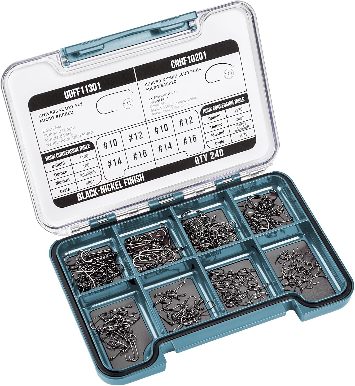 SF 10# 12# 14# 16# Fly Tying Hooks Kit Assortment Micro Barbed High Carbon Steel Standard Dry Curved Nymph Scud Pupa Fly Fishing Hook 240Pcs with Waterproof Magnetic Hook Box