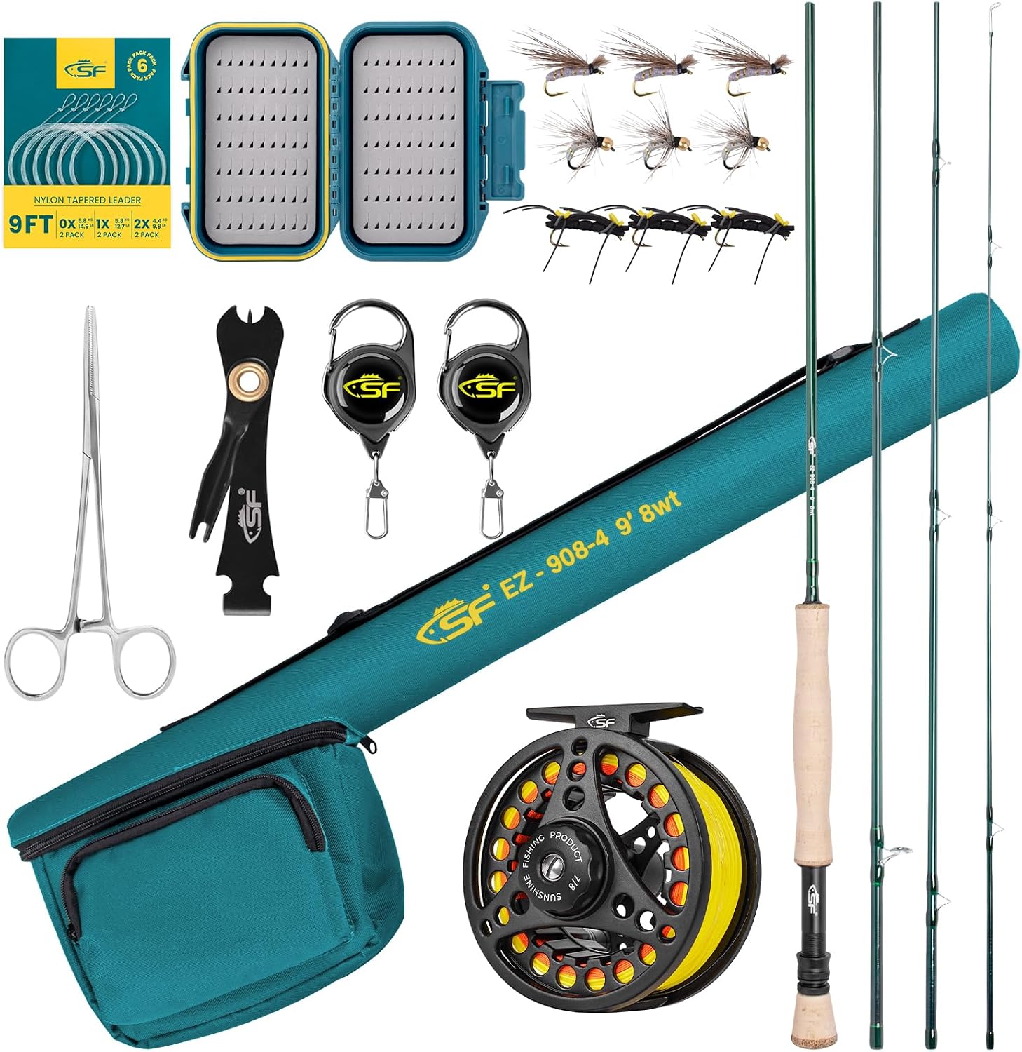 SF Fly Fishing Rod Combo Starter Kit Semi Gloss Green Jade Finish 24T Carbon Fiber Trout Travel Fly Rod with Reel,Fly Rod case,Fly Box , Flies,Tapered Leader,Knot Tying Tools
