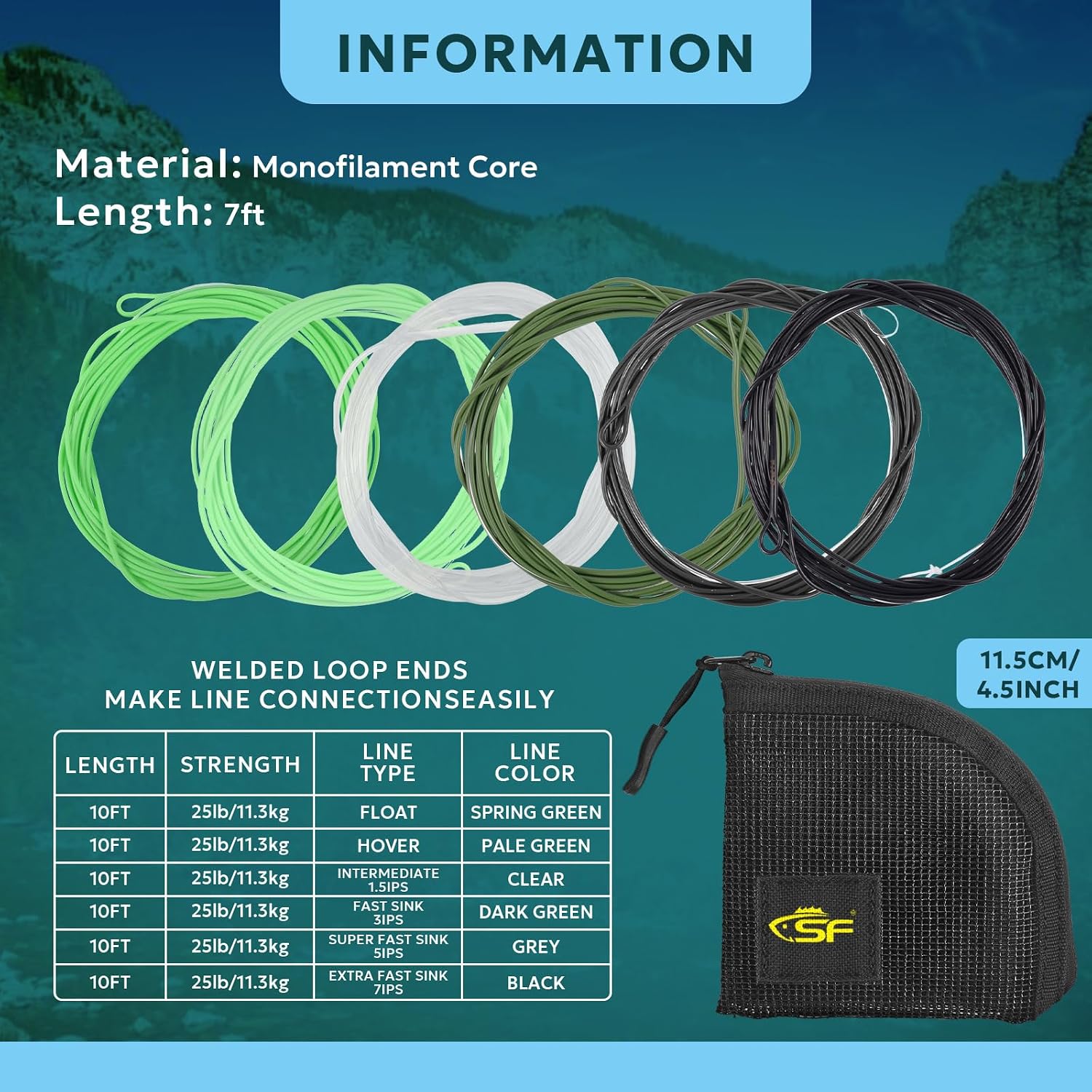 SF Fly Fishing Polyleader Monofilament Core Leader Line Fly Line for 7' Trout and 10' Salmon Poly Leader 7FT/10FT Float Hover Intermediate 3/5/7IPS