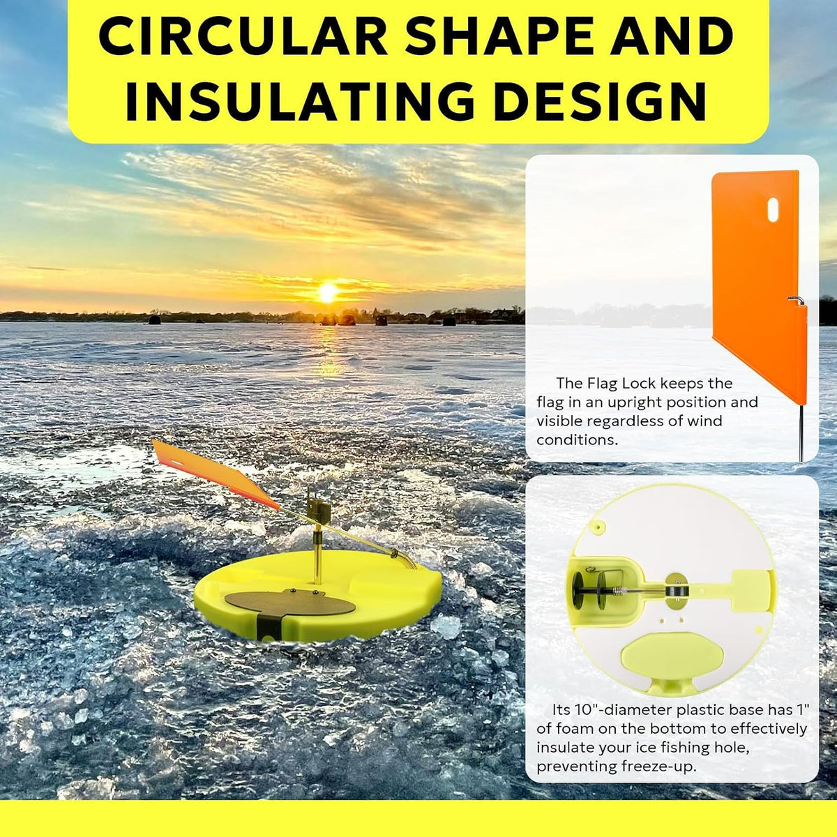 SF Ice Fishing Tip-Up Foldable with Orange Pole Flags/10.6'' Freeze-Proof Thermal Ice Fishing Accessories with Orange Pole Flags, Built-in Storage