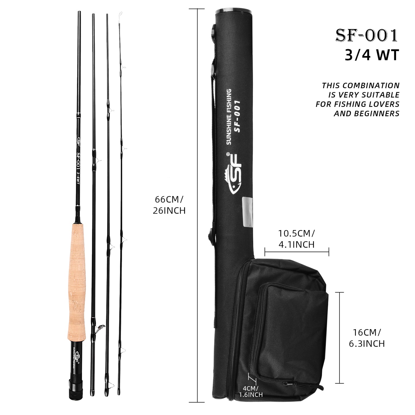 SF Fly Fishing Medium-Fast Action Rod Combo Kit 4 Piece 3/4wt 7.6FT for New and Younger Anglers