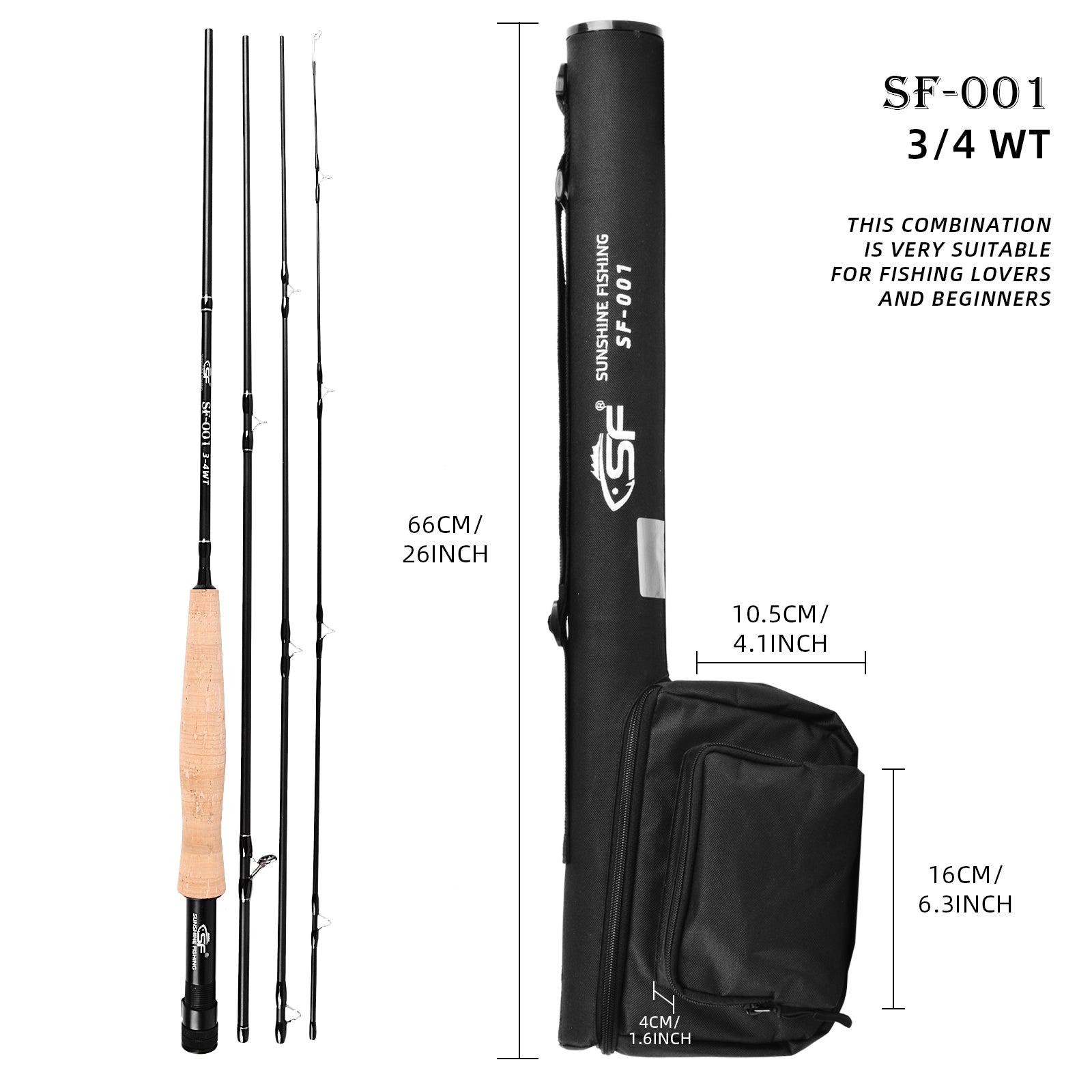 SF Fly Fishing Medium-Fast Action Rod Combo Kit 4 Piece 3/4wt 7.6FT for New  and Younger Anglers