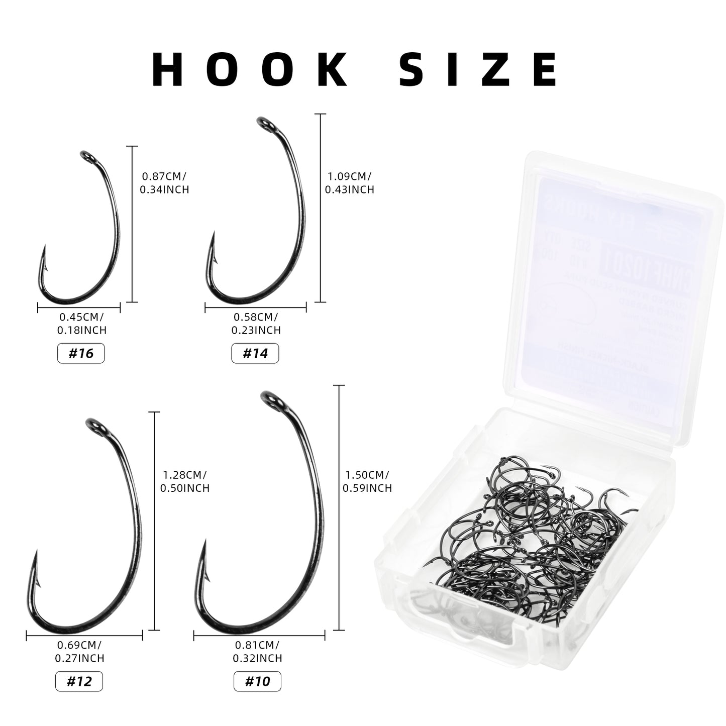 SF Curved Nymph Scud Pupa Fly Tying Hooks Micro Barbed Black Nickel High Carbon Steel Fly Hook with Mini Box #10#12#14#16 100Pcs