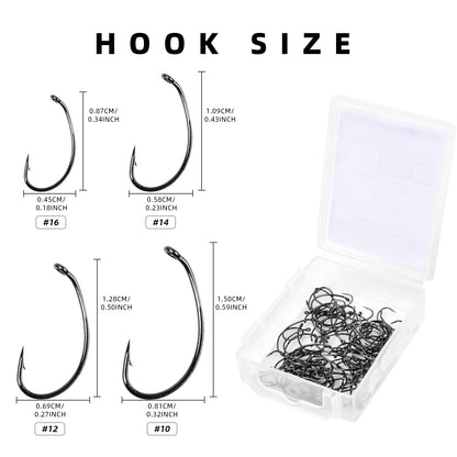 SF Curved Nymph Scud Pupa Fly Tying Hooks Micro Barbed Black Nickel High Carbon Steel Fly Hook with Mini Box #10#12#14#16 100Pcs