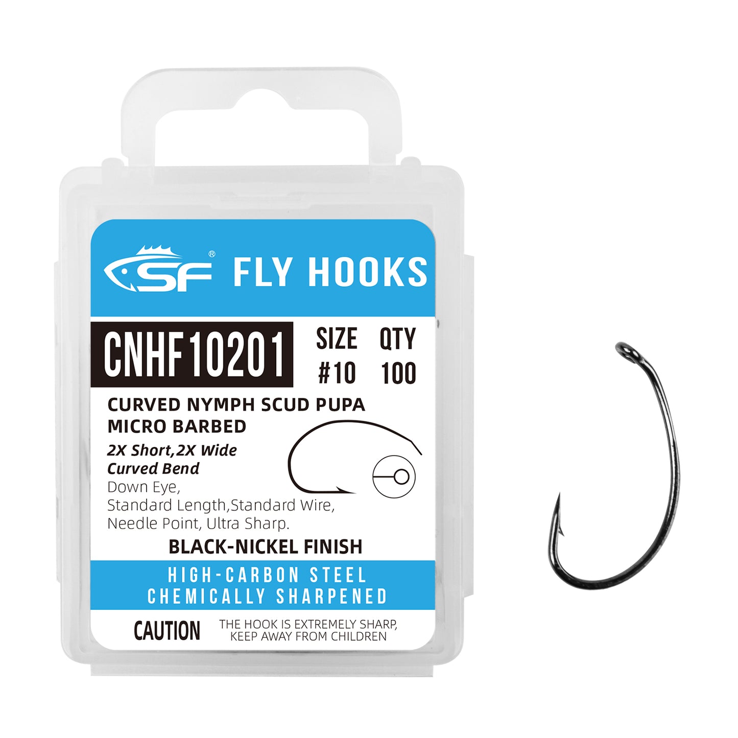 SF Curved Nymph Scud Pupa Fly Tying Hooks Micro Barbed Black Nickel High Carbon Steel Fly Hook with Mini Box #10#12#14#16 100Pcs