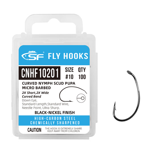 SF Curved Nymph Scud Pupa Fly Tying Hooks Micro Barbed Black Nickel High Carbon Steel Fly Hook with Mini Box #10#12#14#16 100Pcs