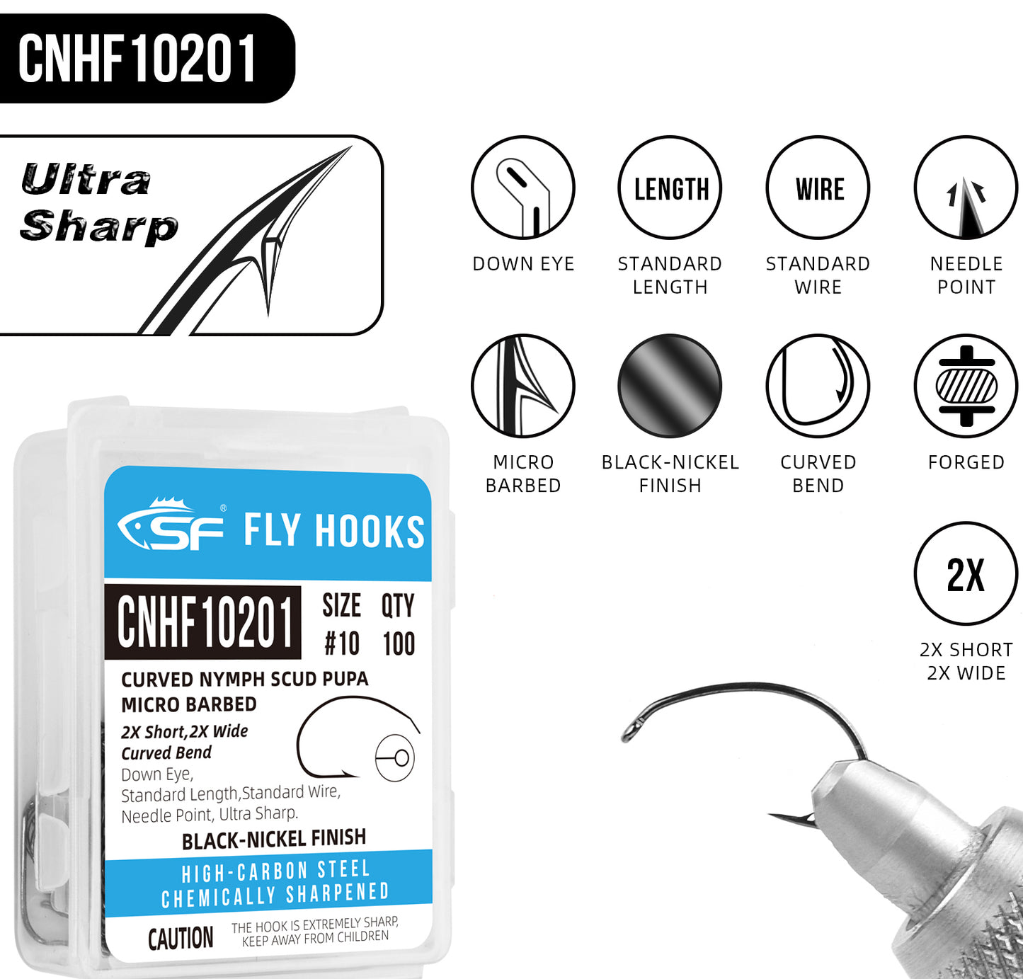 SF Curved Nymph Scud Pupa Fly Tying Hooks Micro Barbed Black Nickel High Carbon Steel Fly Hook with Mini Box #10#12#14#16 100Pcs