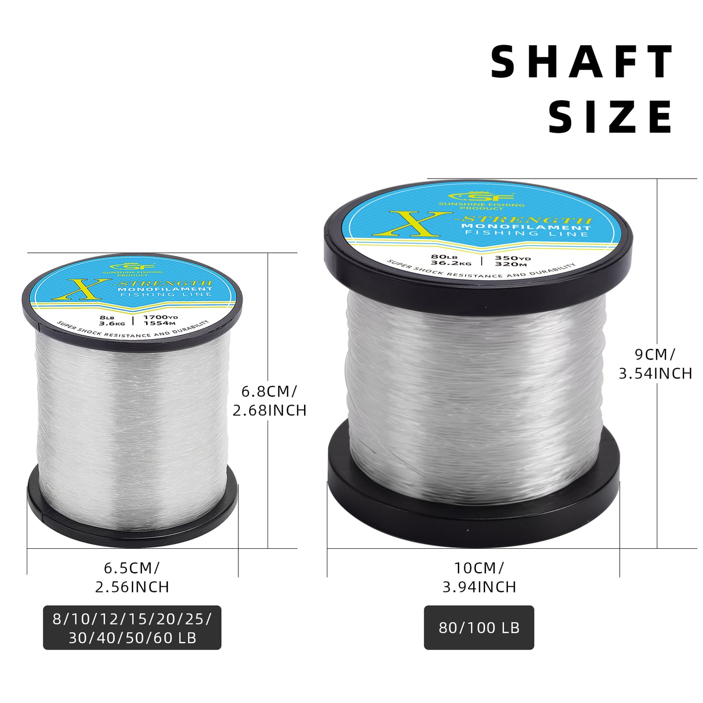 SF Monofilament Fishing Line with Spool 8/10/12/15/20/25/30/40/50/60/80/100LB Clear/Green