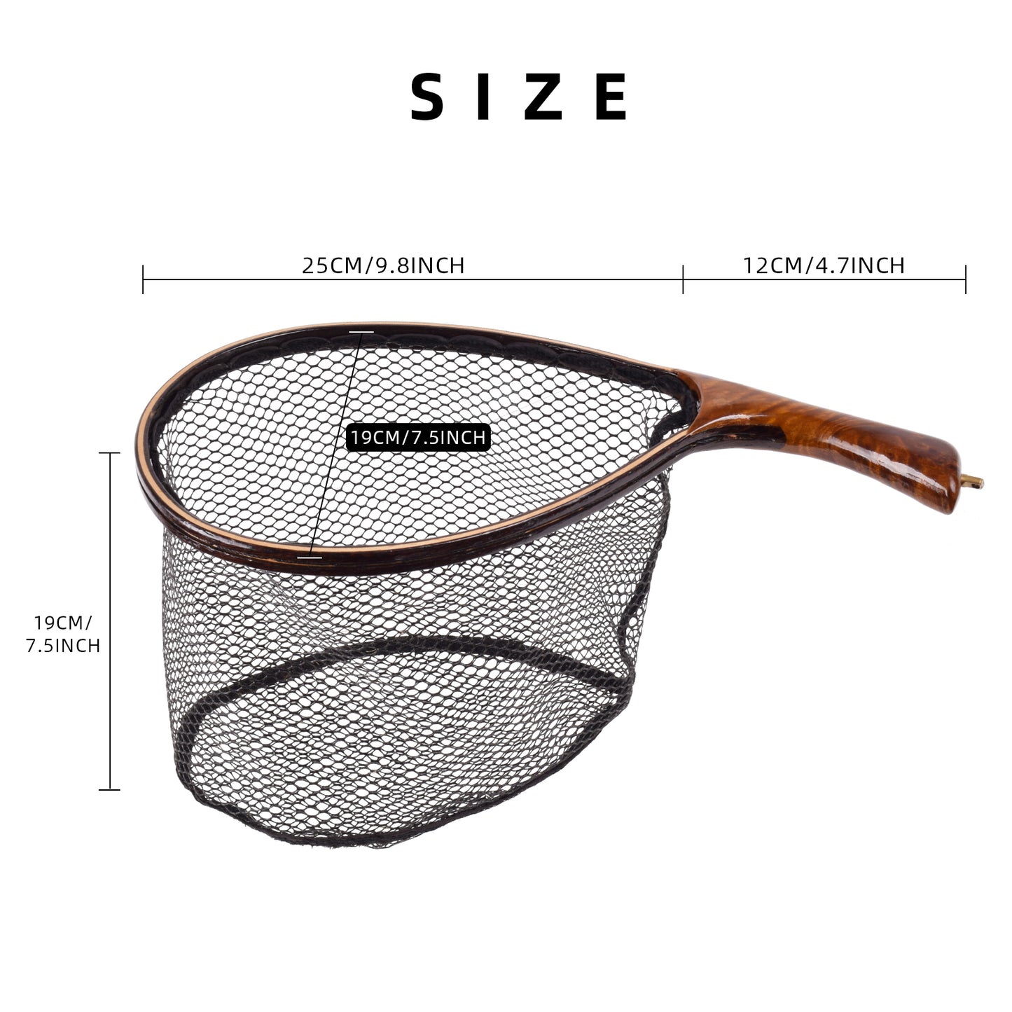 SF Fly Fishing Landing Net with Magnetic Release Curved Handle Wooden Frame Black Rubber Mesh Net Burls Wood Grain for Streams, Small Rivers, Hikers