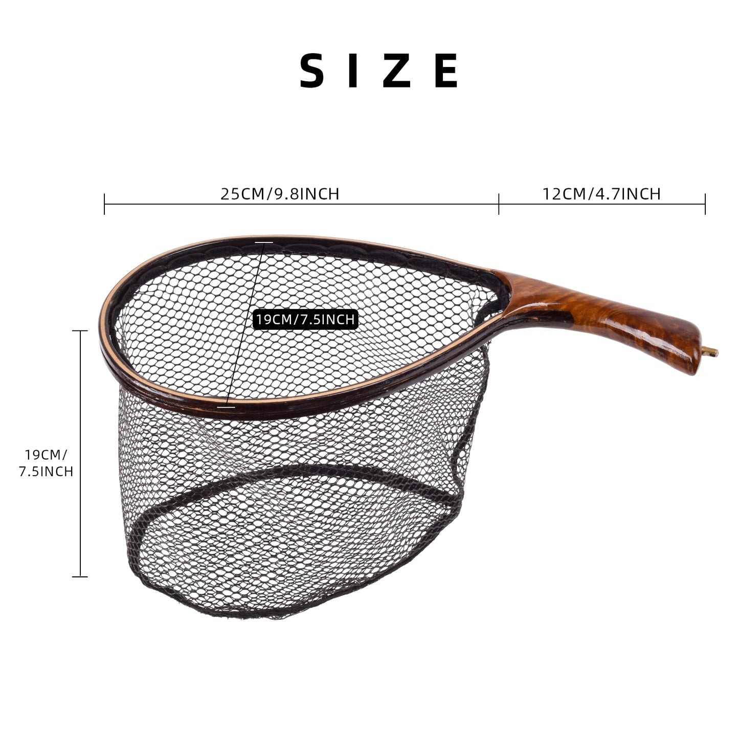 SF Fly Fishing Landing Net with Magnetic Release Curved Handle Wooden Frame  Black Rubber Mesh Net Burls Wood Grain for Streams, Small Rivers, Hikers