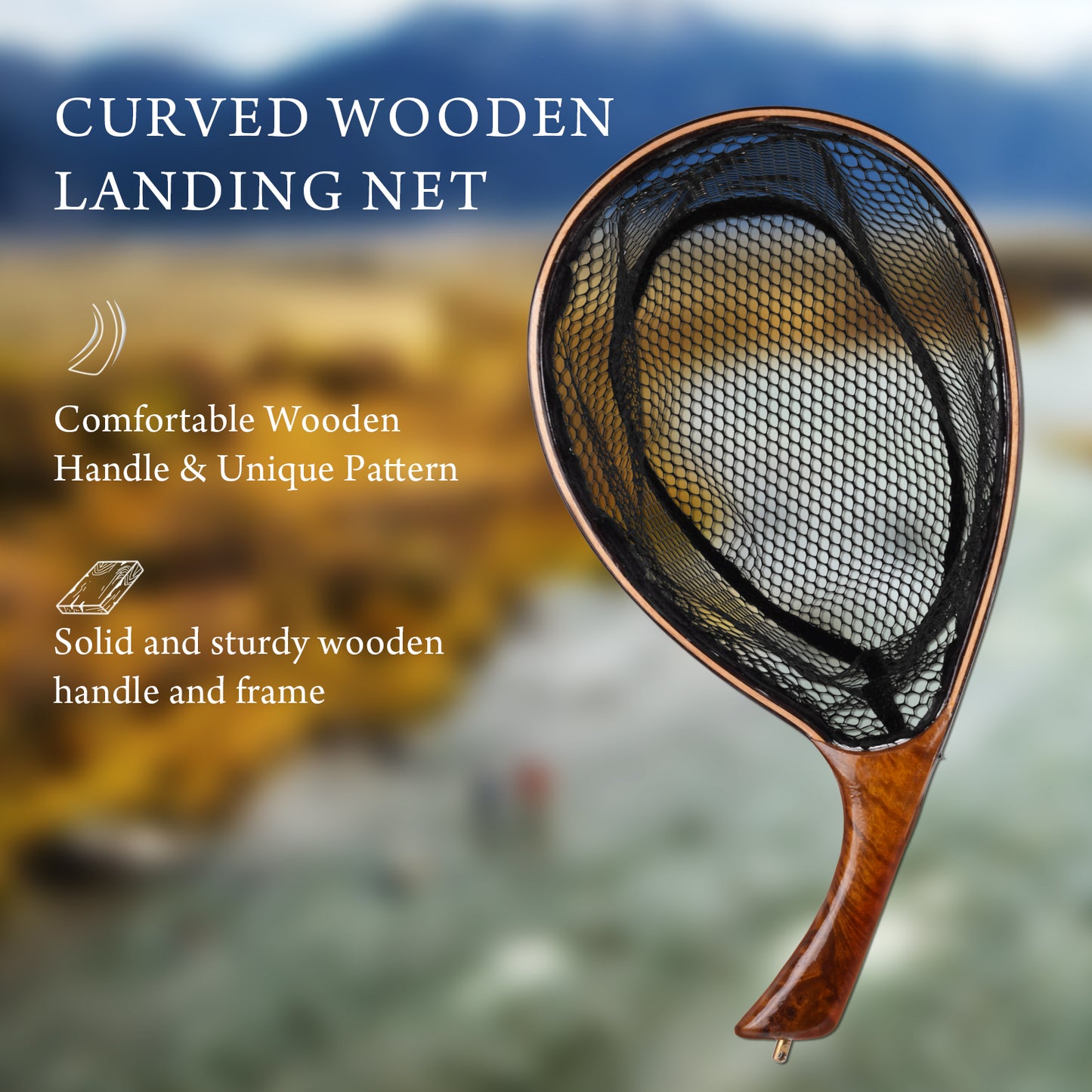 SF Fly Fishing Landing Net with Magnetic Release Curved Handle Wooden Frame Black Rubber Mesh Net Burls Wood Grain for Streams, Small Rivers, Hikers