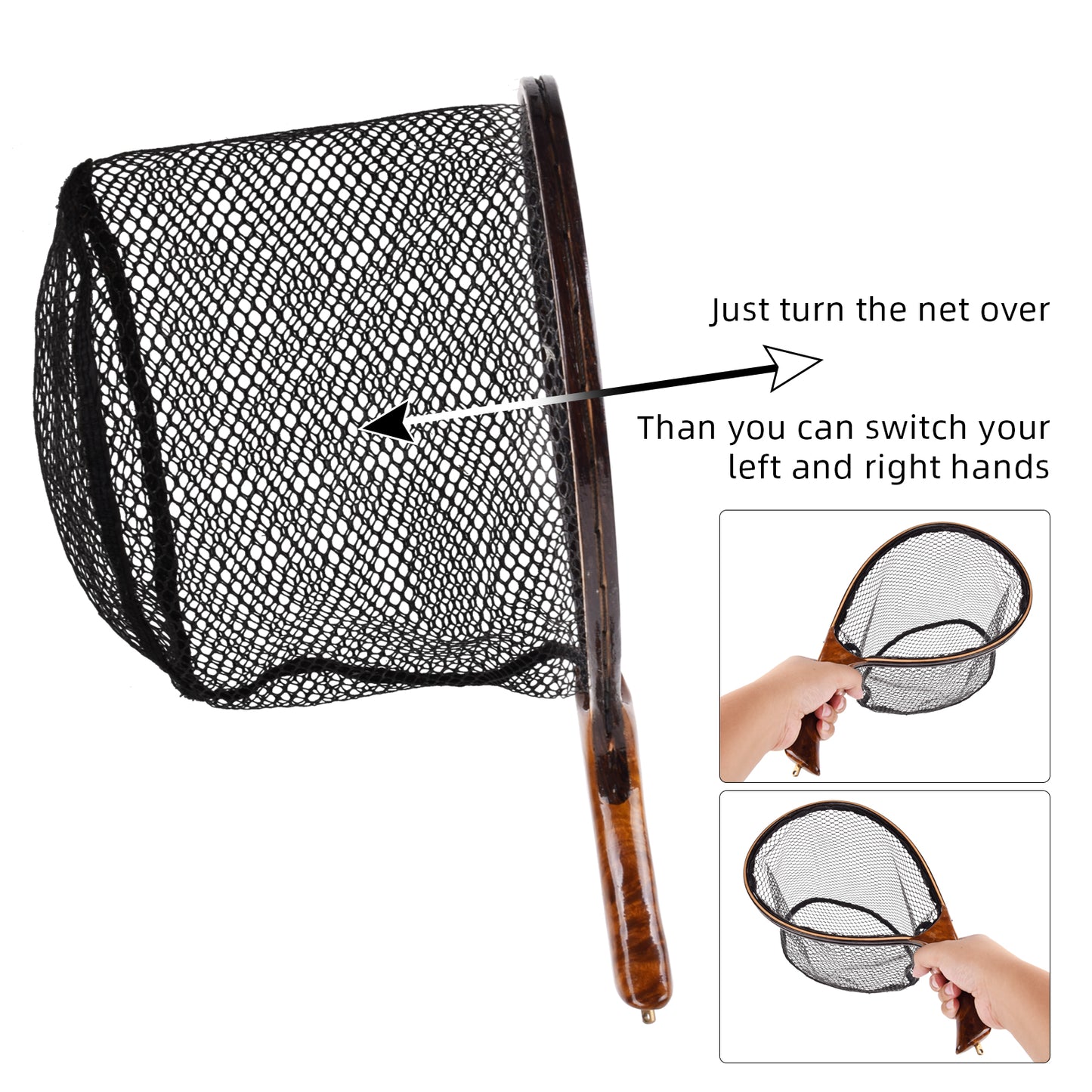 SF Fly Fishing Landing Net with Magnetic Release Curved Handle Wooden Frame Black Rubber Mesh Net Burls Wood Grain for Streams, Small Rivers, Hikers