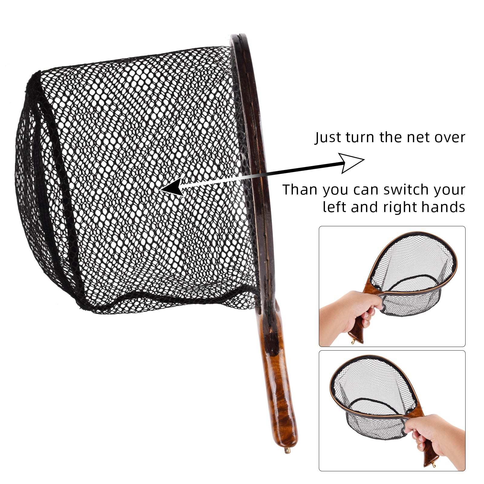 SF Fly Fishing Landing Net with Magnetic Release Curved Handle Wooden Frame  Black Rubber Mesh Net Burls Wood Grain for Streams, Small Rivers, Hikers