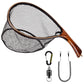 SF Fly Fishing Landing Net with Magnetic Release Curved Handle Wooden Frame Black Rubber Mesh Net Burls Wood Grain for Streams, Small Rivers, Hikers