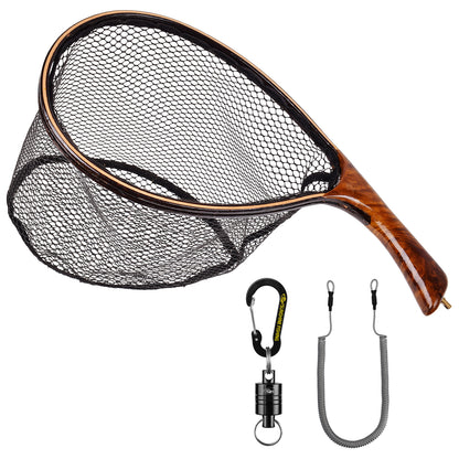 SF Fly Fishing Landing Net with Magnetic Release Curved Handle Wooden Frame Black Rubber Mesh Net Burls Wood Grain for Streams, Small Rivers, Hikers