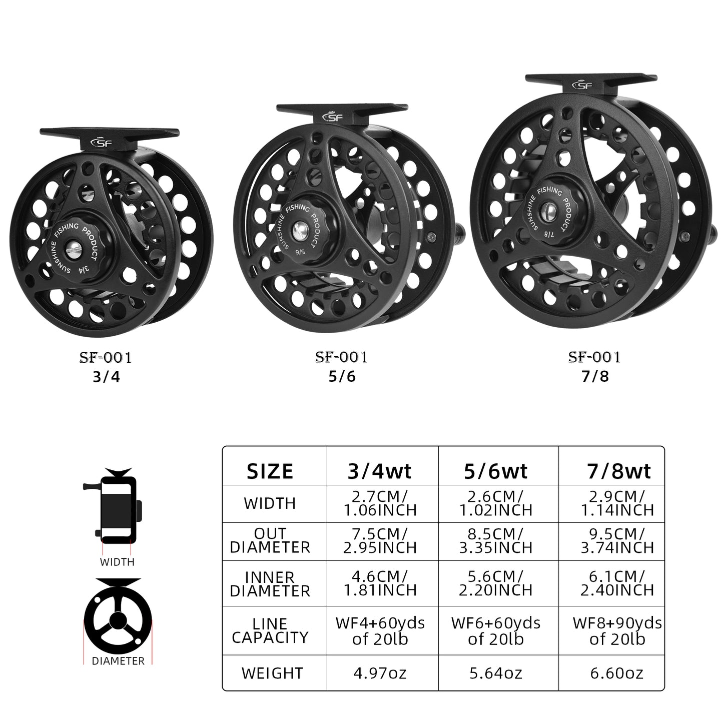 SF Large Arbor Fly Fishing Reel 3/4wt Aluminum Alloy Body Die-Cast Matt Black Pre-Loaded Fly Reel with Line Combo