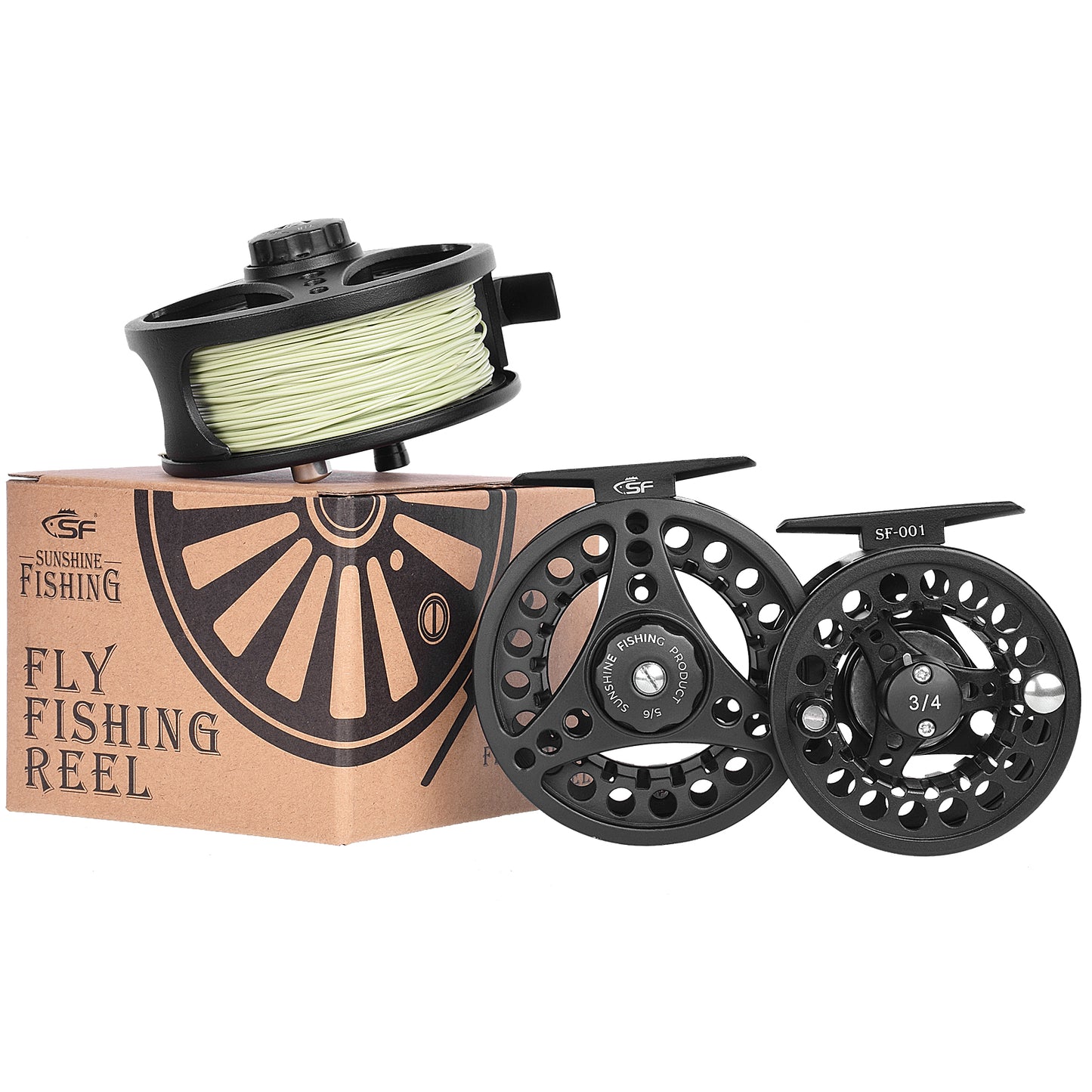 SF Large Arbor Fly Fishing Reel 3/4wt Aluminum Alloy Body Die-Cast Matt Black Pre-Loaded Fly Reel with Line Combo