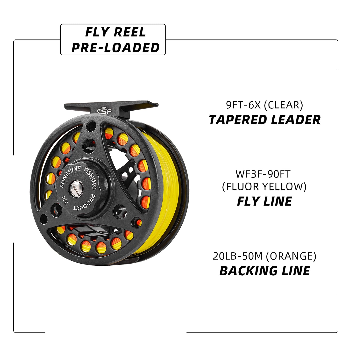 SF Large Arbor Fly Fishing Reel 3/4wt Aluminum Alloy Body Die-Cast Matt Black Pre-Loaded Fly Reel with Line Combo Fluorescent Yellow Fly Line