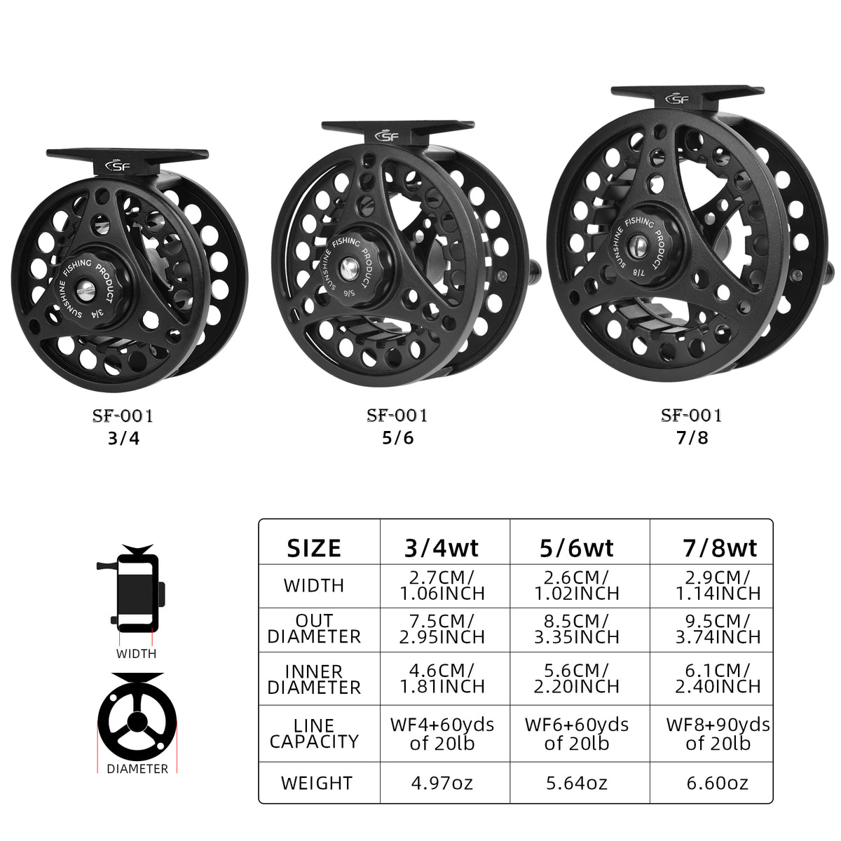 SF Large Arbor Fly Fishing Reel 3/4wt 5/6wt 7/8wt Aluminum Alloy Body Die-Cast Matt Black Pre-Loaded Fly Reel with Line Combo Fluorescent Yellow Fly Line