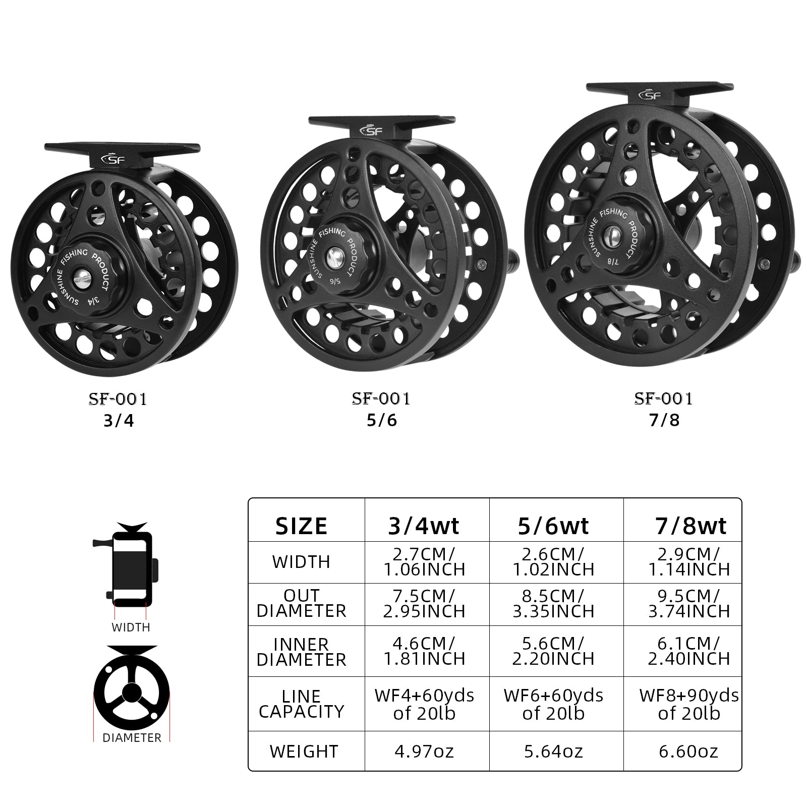 SF Large Arbor Fly Fishing Reel 3/4wt Aluminum Alloy Body Die-Cast