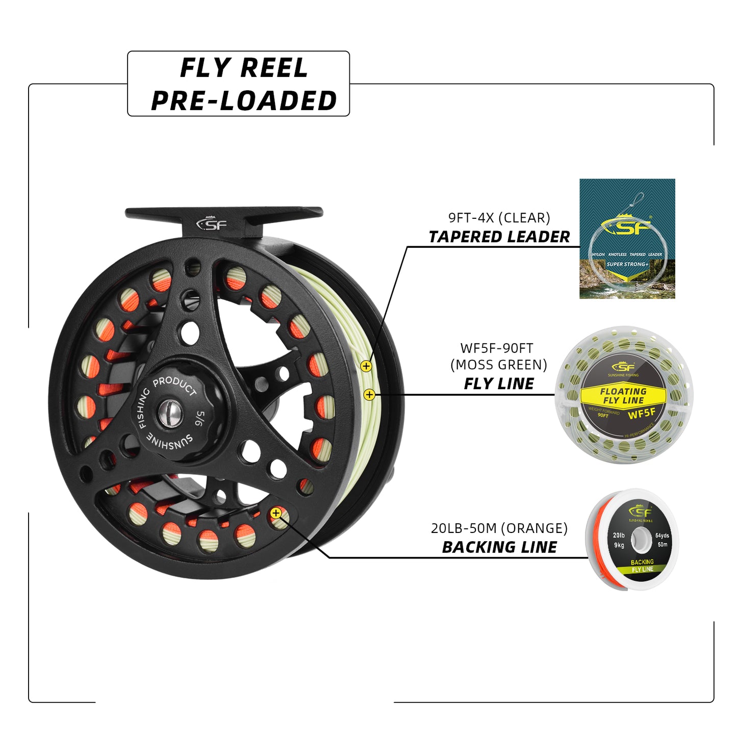 SF Large Arbor Fly Fishing Reel 5/6wt Aluminum Alloy Body Die-Cast Matt Black Pre-Loaded Fly Reel with Line Combo