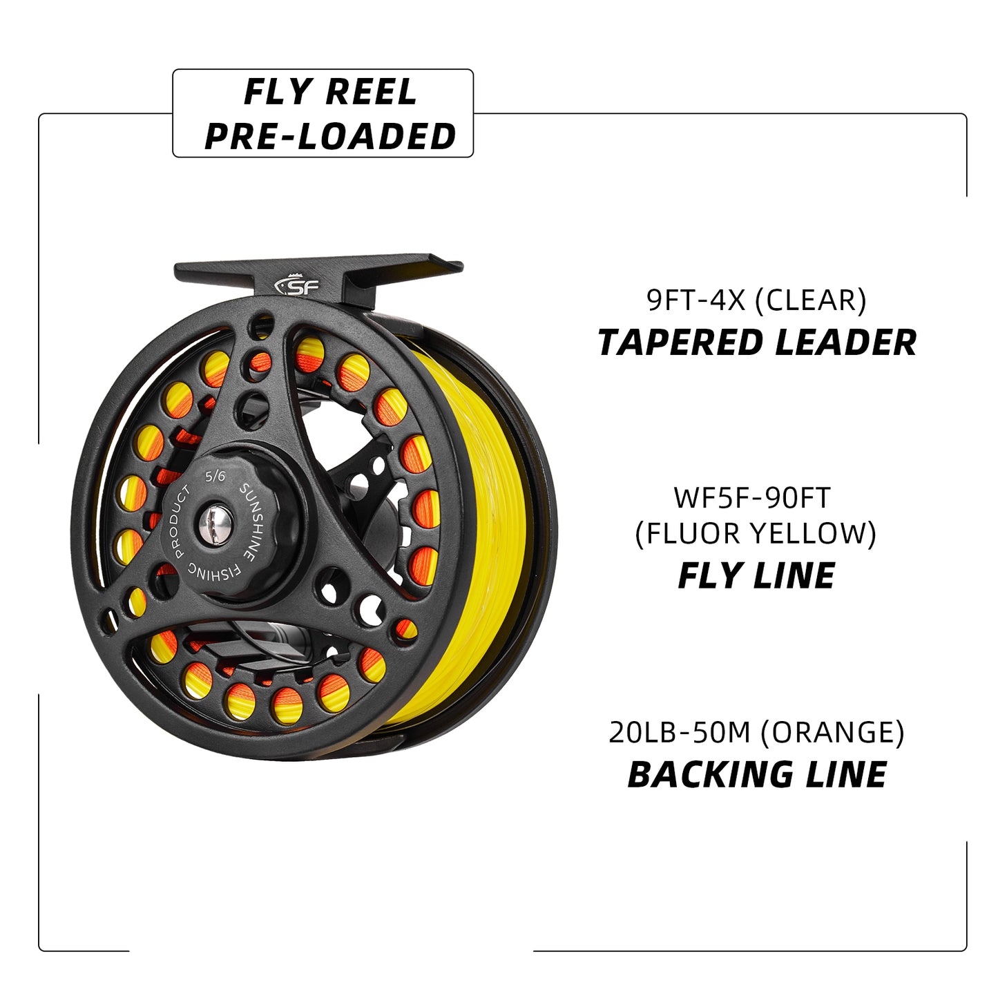 SF Large Arbor Fly Fishing Reel 5/6wt Aluminum Alloy Body Die-Cast Matt Black Pre-Loaded Fly Reel with Line Combo Fluorescent Yellow Fly Line