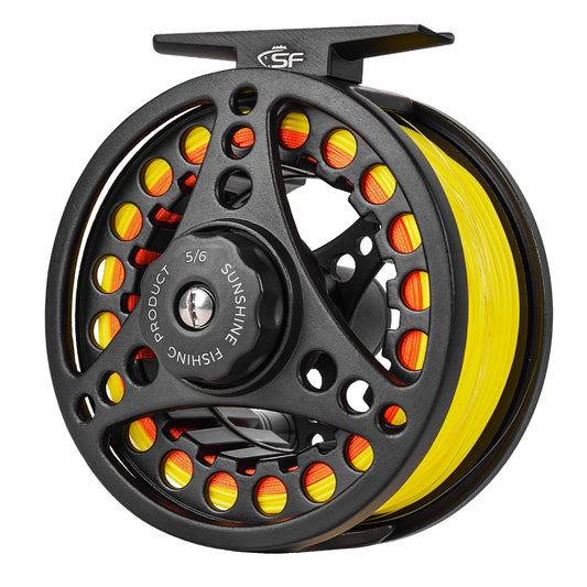 SF Large Arbor Fly Fishing Reel 5/6wt Aluminum Alloy Body Die-Cast Matt Black Pre-Loaded Fly Reel with Line Combo Fluorescent Yellow Fly Line