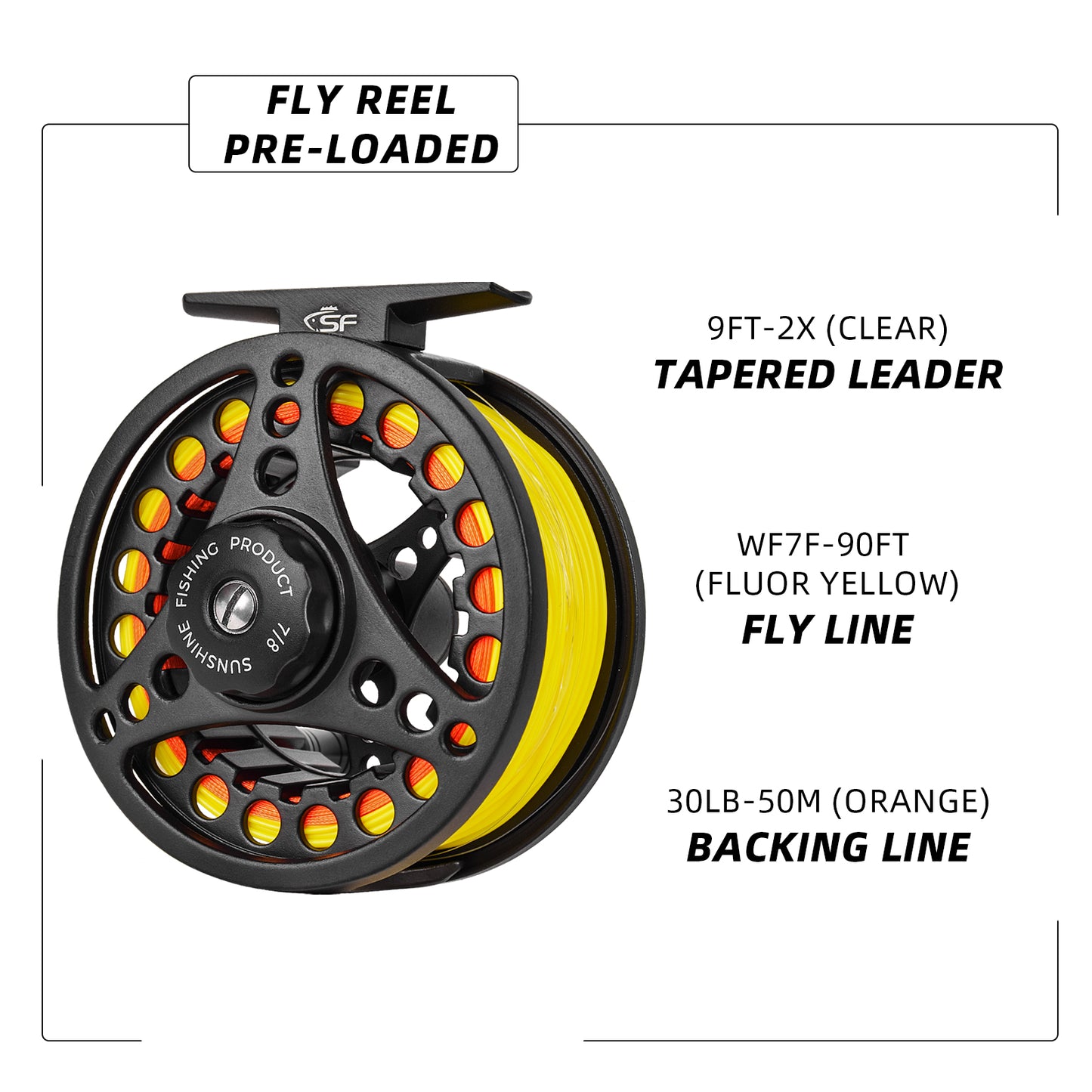 SF Large Arbor Fly Fishing Reel 7/8wt Aluminum Alloy Body Die-Cast Matt Black Pre-Loaded Fly Reel with Line Combo Fluorescent Yellow Fly Line