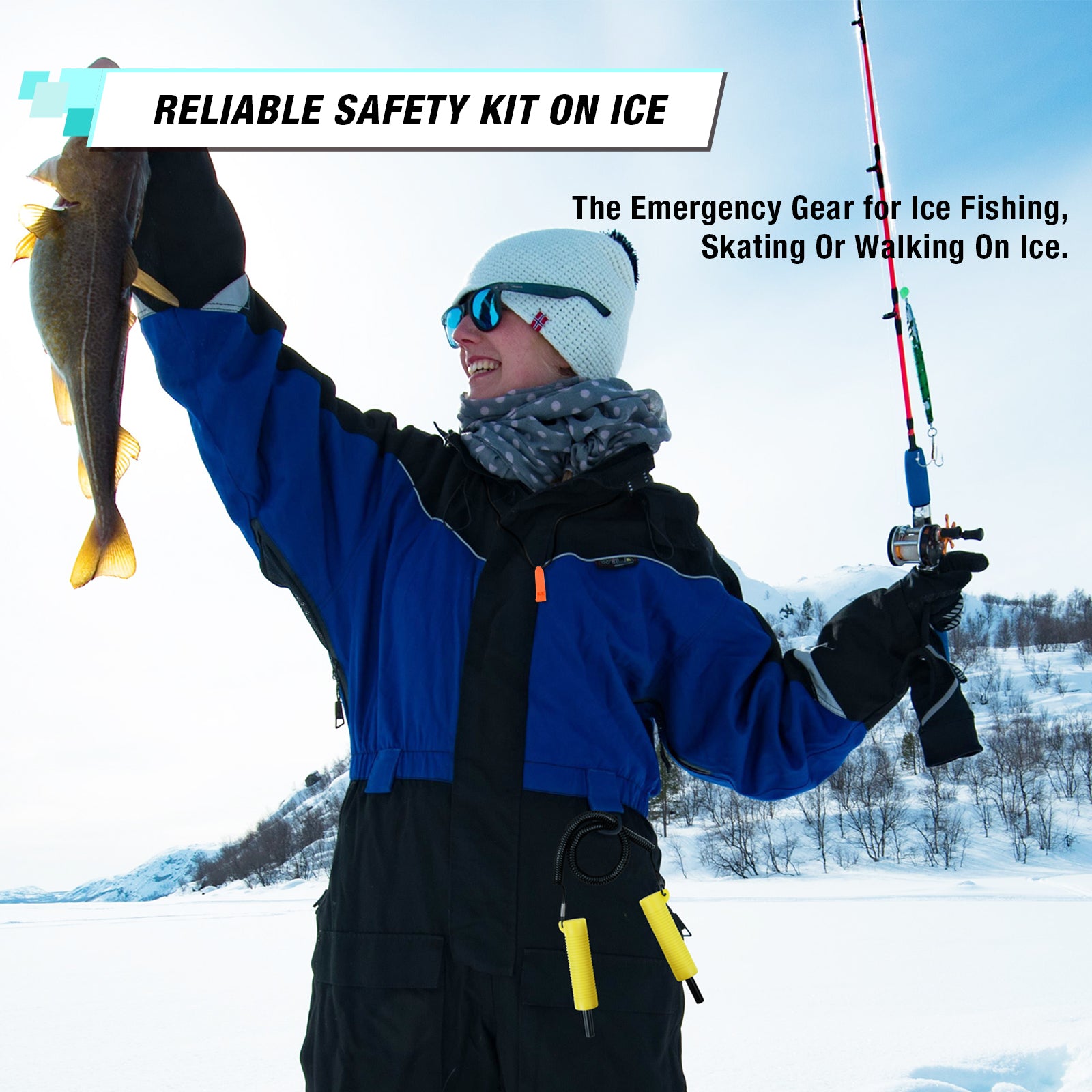 SF Retractable Ice Fishing Picks with Emergency Whistles with