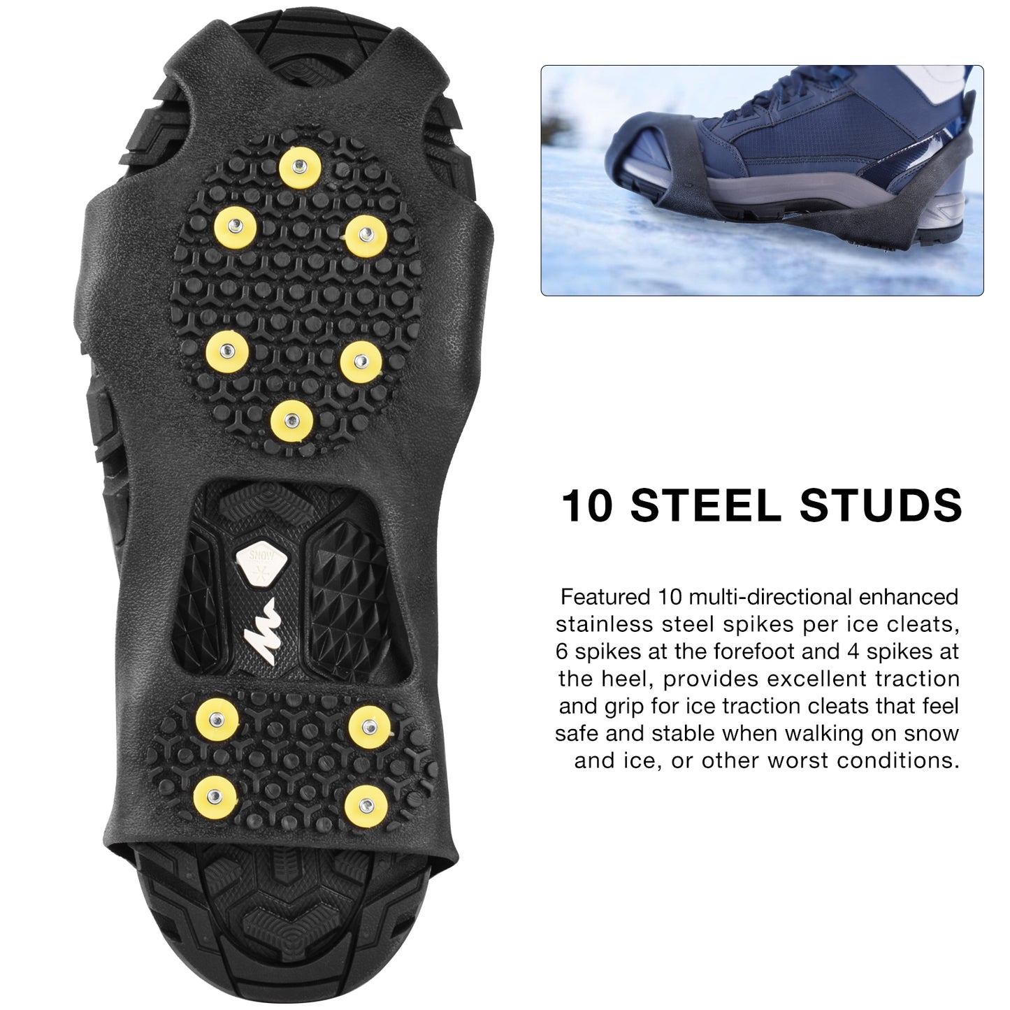 SF Ice Traction Cleats for Shoes and Boots Large Rubber with 10 Steel Studs Crampons for Ice Snow Anti Slip Traction Footwear