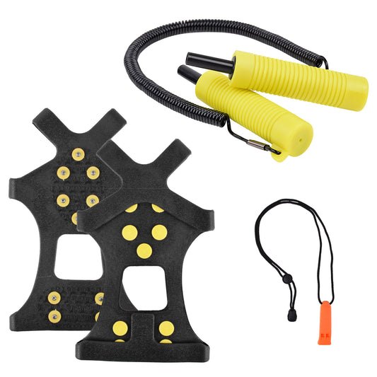 SF Ice Fishing Safety Kit Retractable Ice Picks, Safety Whistle, Ice Cleats for Shoes and Boots Emergency Accessories Outfit for Skating Sled Walking on Ice