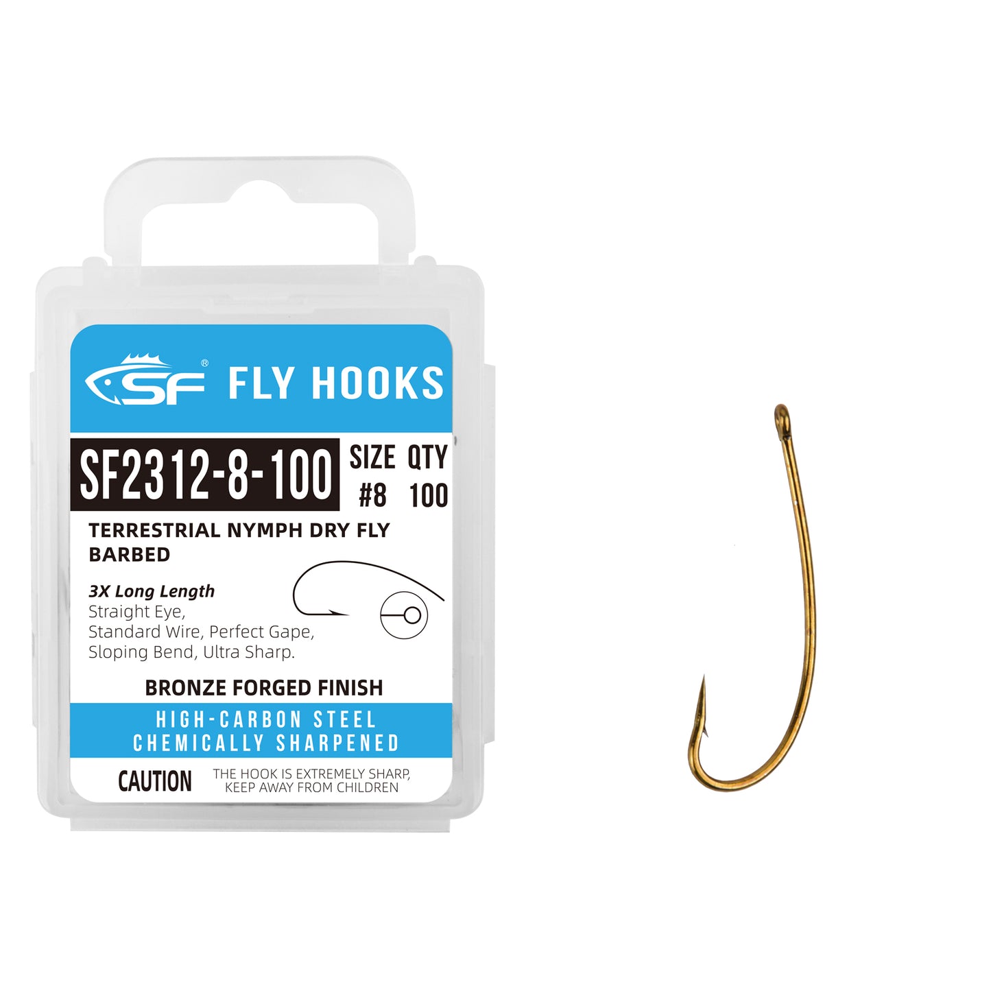 SF Terrestrial Nymph Dry Fly Tying Hooks with Mini Storage Box #8 100Pcs