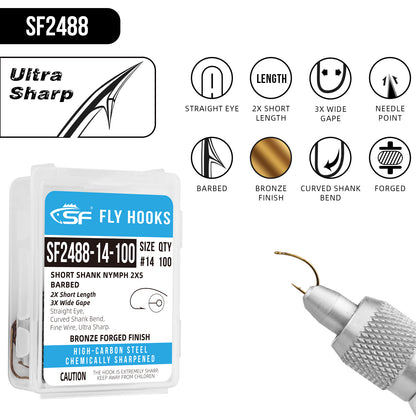 SF Short Shank Nymph Hook with Mini Storage Box #14#16#18 100Pcs