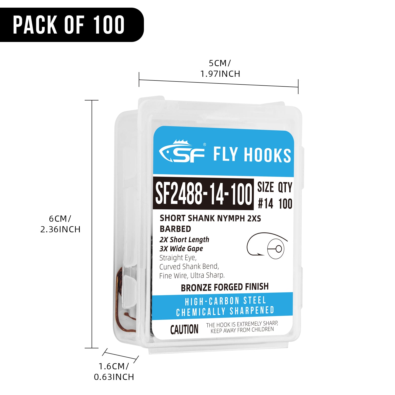 SF Short Shank Nymph Hook with Mini Storage Box #14#16#18 100Pcs