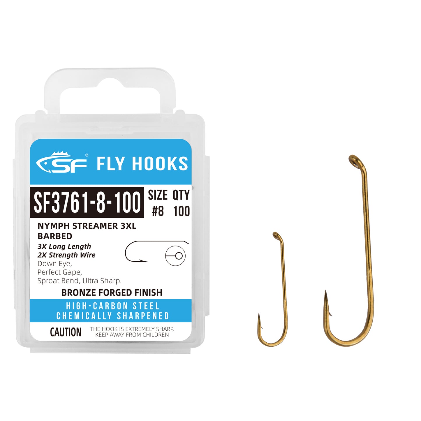 SF Nymph Streamer Dry Fly Tying Hooks 3XL with Mini Storage Box  #8 #14 100Pcs