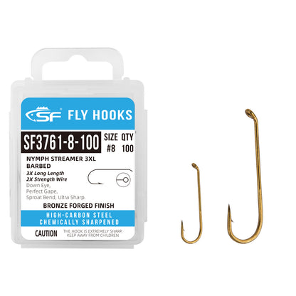 SF Nymph Streamer Dry Fly Tying Hooks 3XL with Mini Storage Box  #8 #14 100Pcs