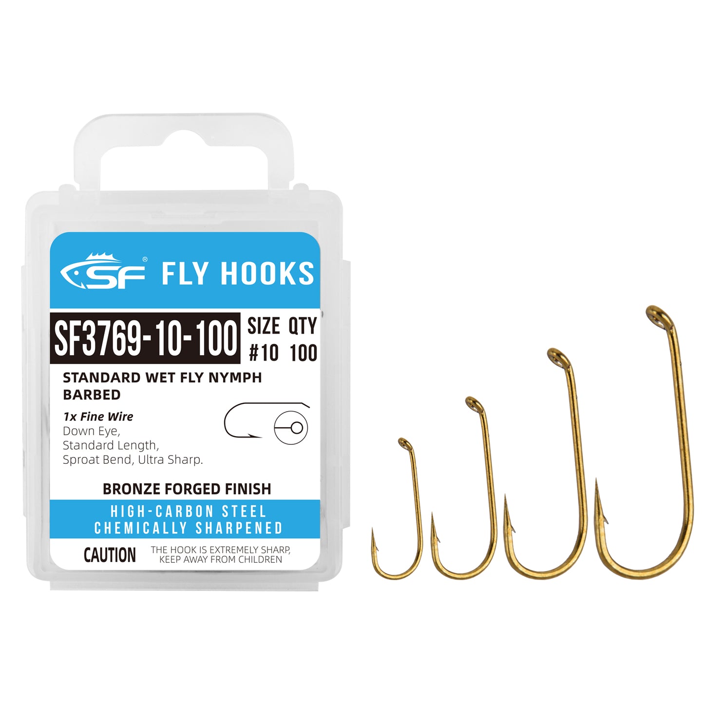 SF Standard Wet and Nymph Hooks with Pproat Bend with Mini Storage Box #10#12#14#16 100Pcs
