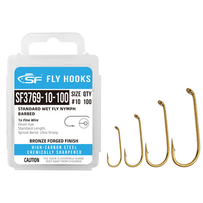 SF Standard Wet and Nymph Hooks with Pproat Bend with Mini Storage Box #10#12#14#16 100Pcs