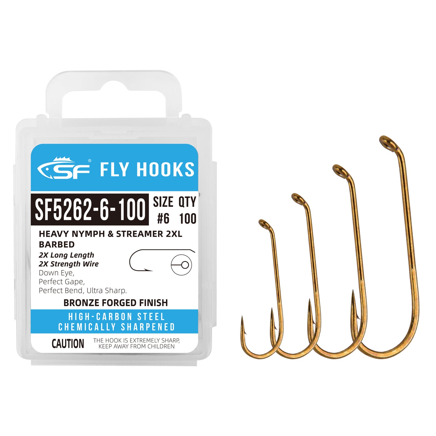 SF Heavy Nymph Streamer Hook 2XL, Down Eye with Mini Storage Box #6#8#10#12 100Pcs