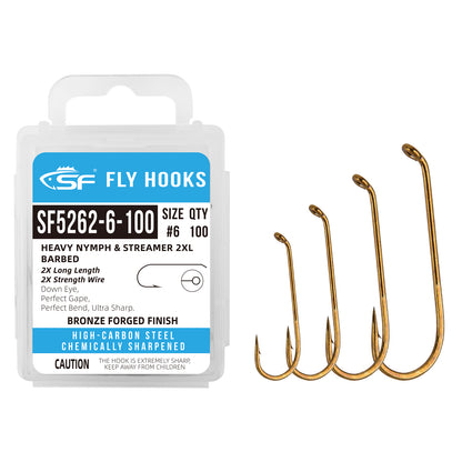 SF Heavy Nymph Streamer Hook 2XL, Down Eye with Mini Storage Box #6#8#10#12 100Pcs