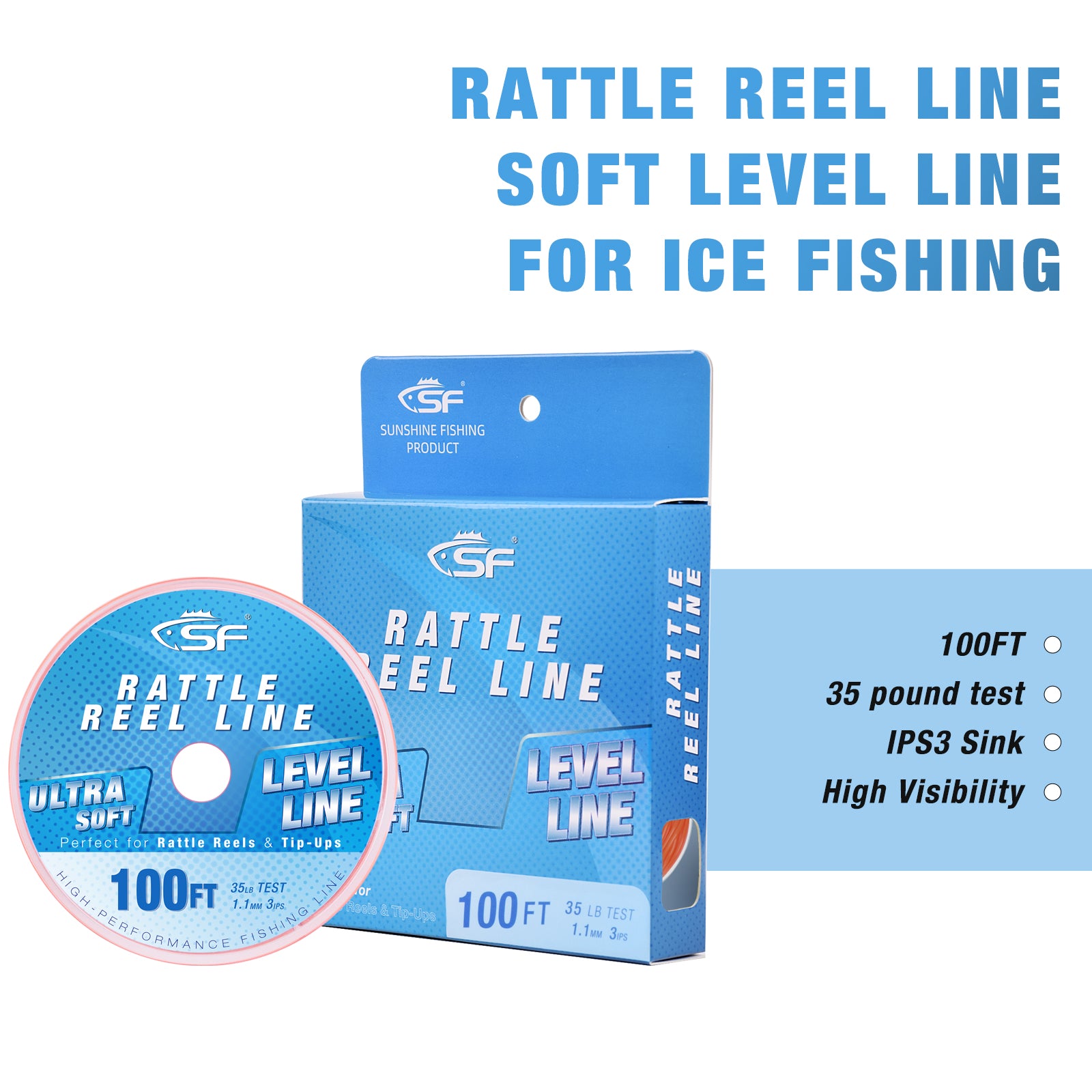 SF 35LB 3IPS 100FT Soft Ice Fishing Line Assorted Color Level Line for  Rattle Reels