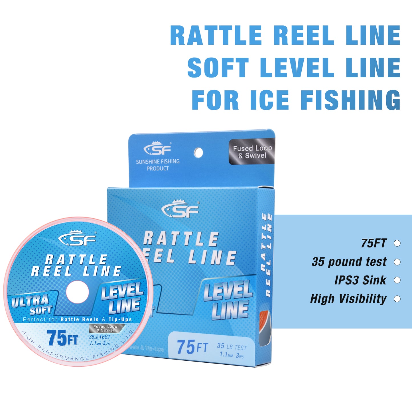 SF 35LB 3IPS 75FT Soft Ice Fishing Line Assorted Color Level Line for Rattle Reels